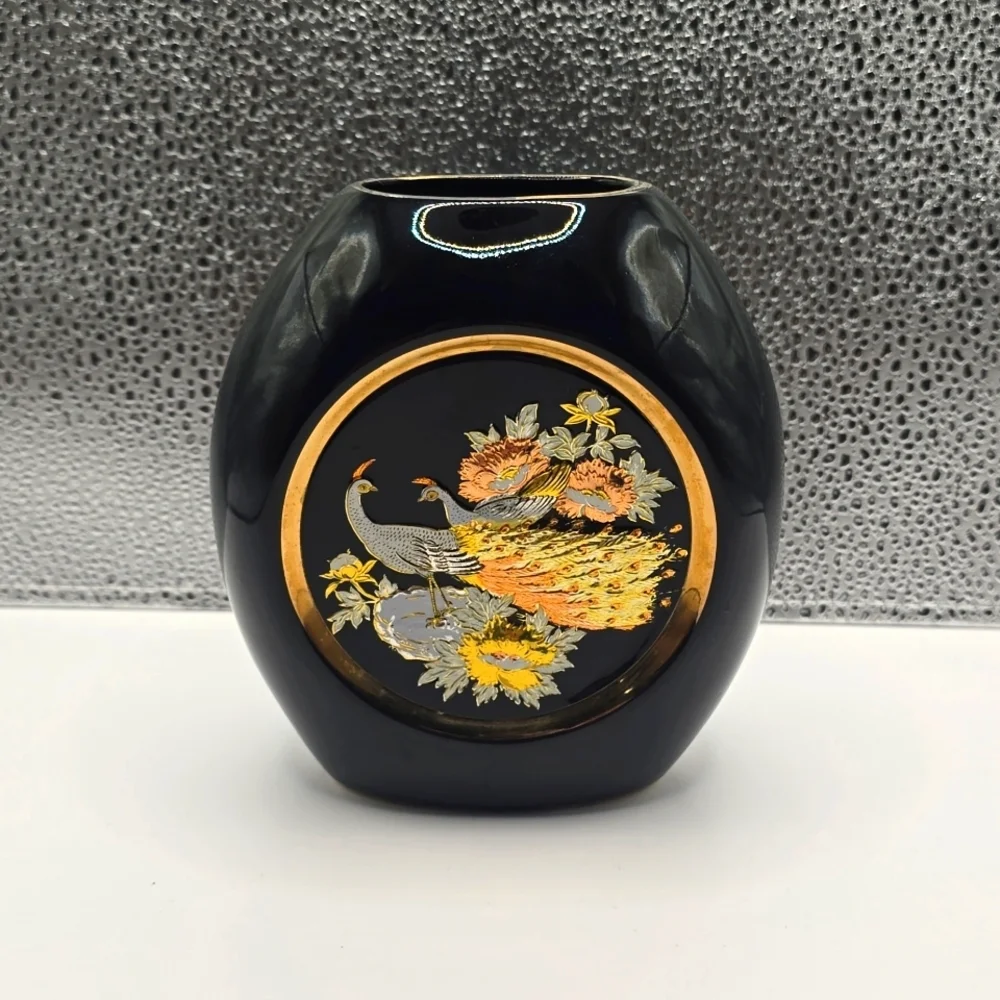 The Art Of Chokin 24k Gold Edged Black Vase With Peacock Design Made In Japan